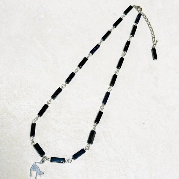 Dark Blue Goldstone Short Necklace w/ Silver Cute Slim Cat Pendant - Picture 7 of 14